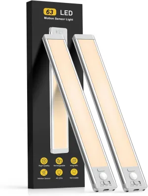 Under Cabinet Lights, 63 LED Rechargeable Battery Operated Motion Sensor Light Indoor, 2 Pack Magnetic Dimmable Closet Lights, Wireless Under Counter Lights for Kitchen, Stairs