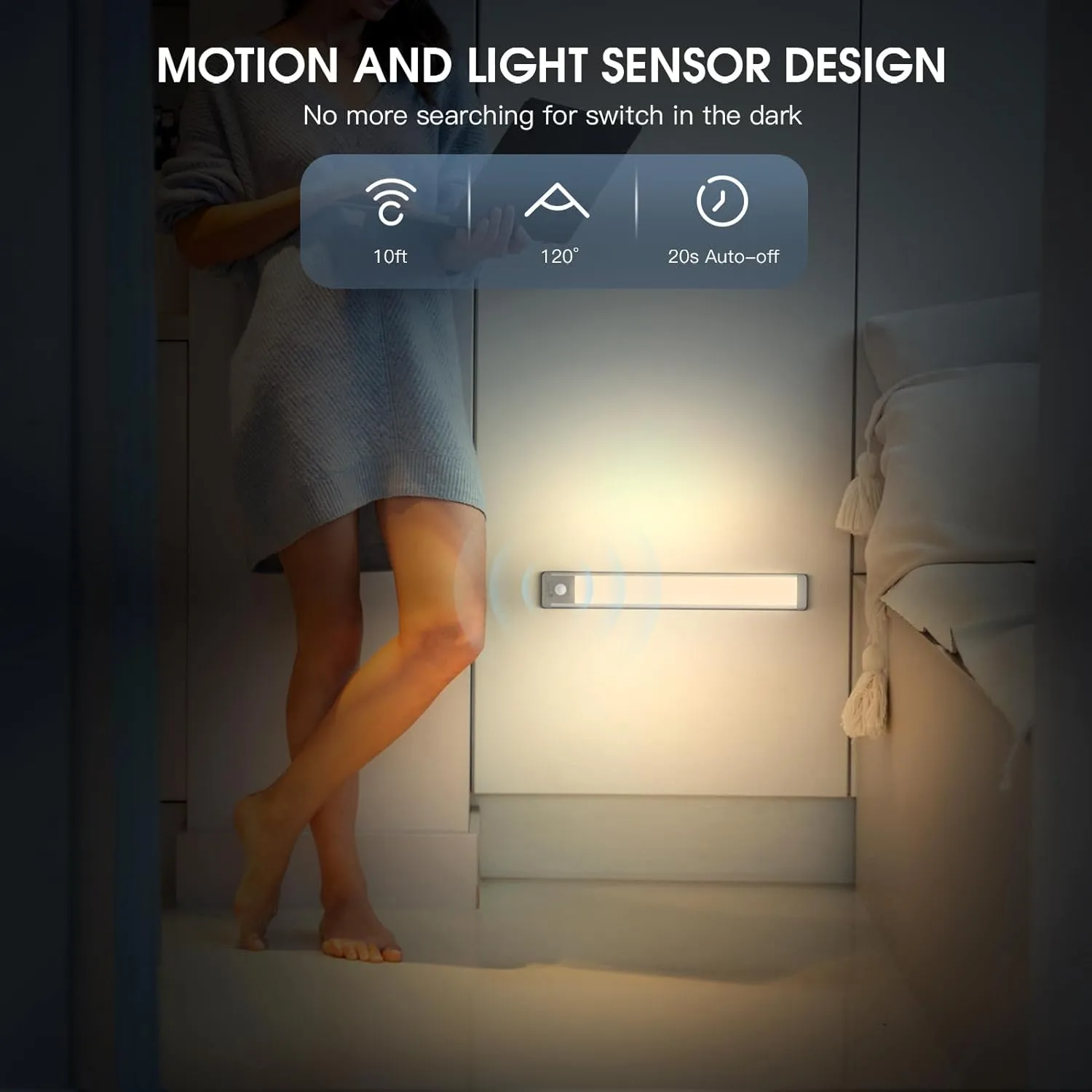Under Cabinet Lights, 63 LED Rechargeable Battery Operated Motion Sensor Light Indoor, 2 Pack Magnetic Dimmable Closet Lights, Wireless Under Counter Lights for Kitchen, Stairs