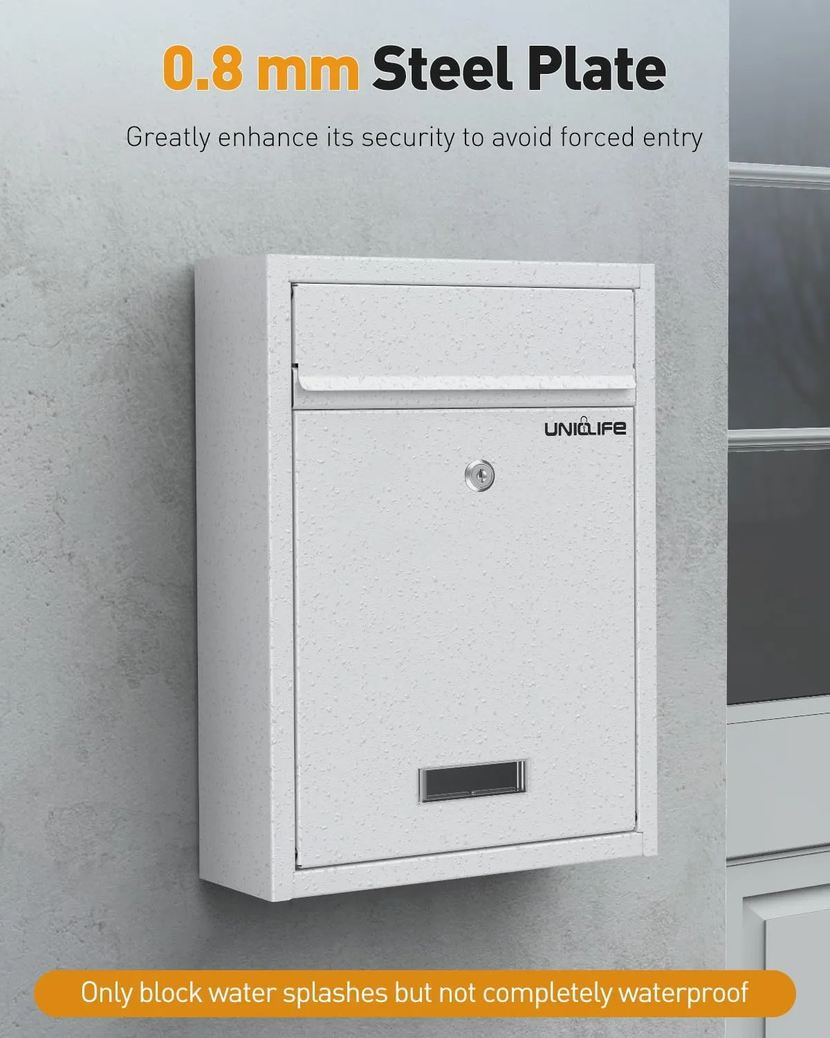 Uniclife Wall Mount Mailbox for Outside, Locking Mailbox, Large Mailbox with Key Lock, Security Mail Box for House, Safe Key Drop Box, Post Box, Steel Cash Drop Box for Home Office School, White