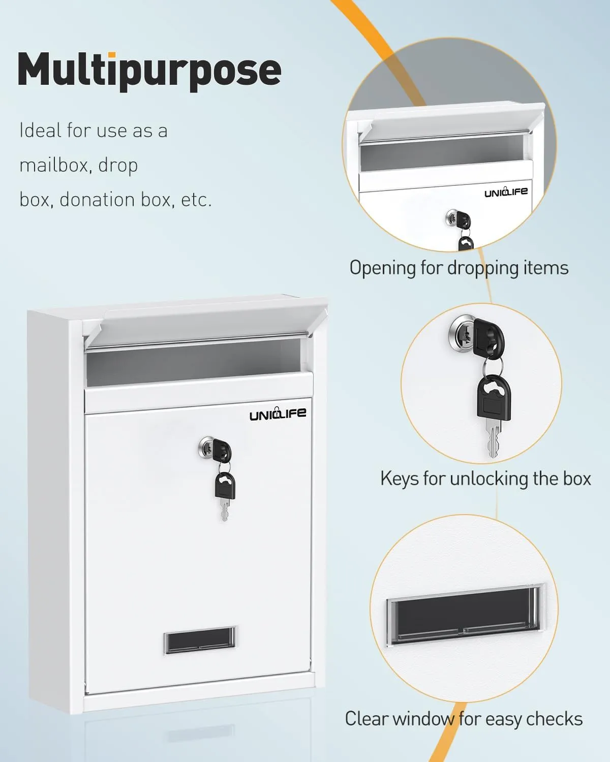 Uniclife Wall Mount Mailbox for Outside, Locking Mailbox, Large Mailbox with Key Lock, Security Mail Box for House, Safe Key Drop Box, Post Box, Steel Cash Drop Box for Home Office School, White