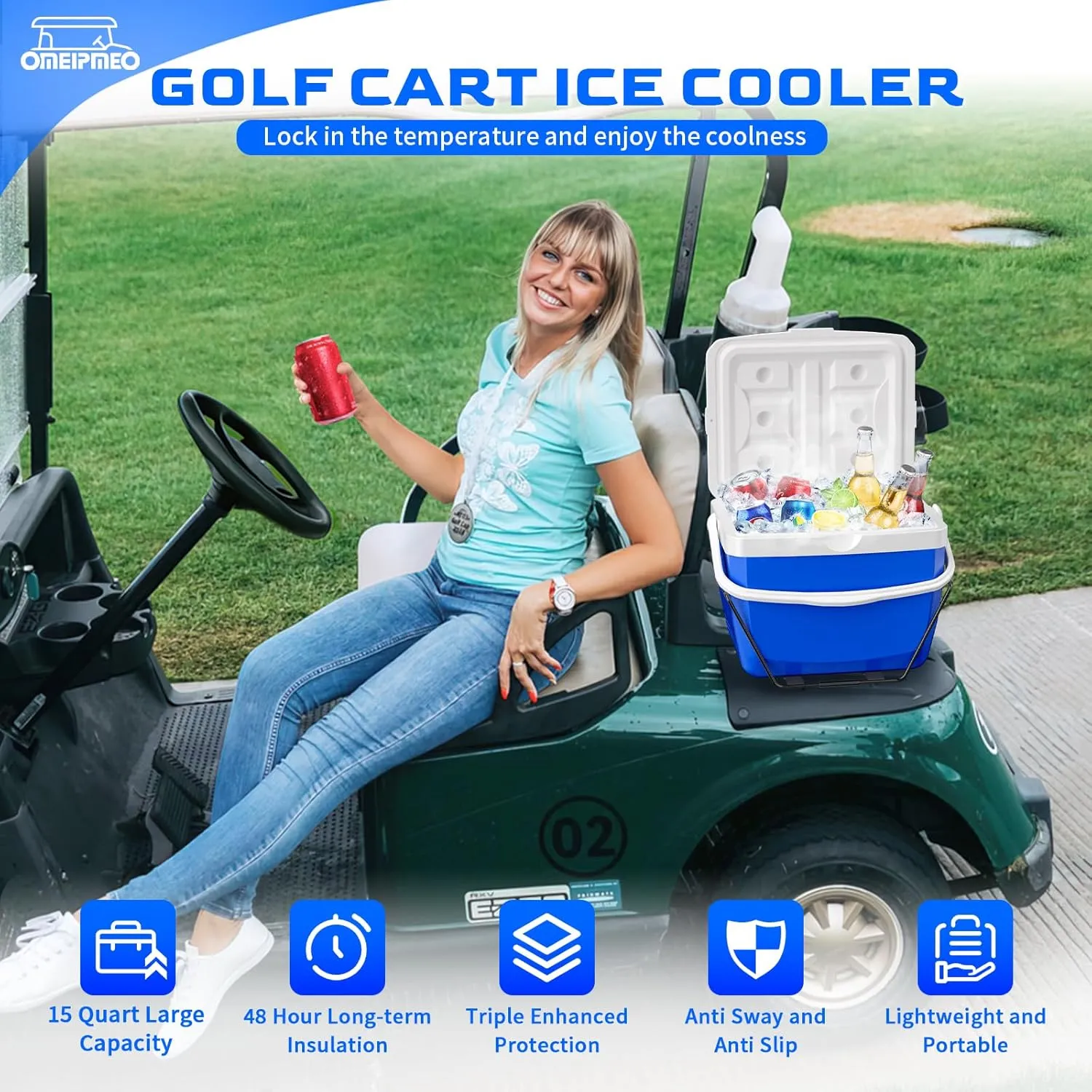Upgrade 15L Golf Cart Cooler, Portable Golf Cart Ice Chest with Mounting Bracket, Ice Packs, 15 Quart Large Capacity 48H Cooling Ice Cooler Fits Club Car EZGO Yamaha