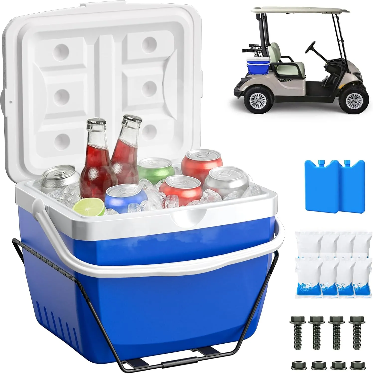 Upgrade 15L Golf Cart Cooler, Portable Golf Cart Ice Chest with Mounting Bracket, Ice Packs, 15 Quart Large Capacity 48H Cooling Ice Cooler Fits Club Car EZGO Yamaha