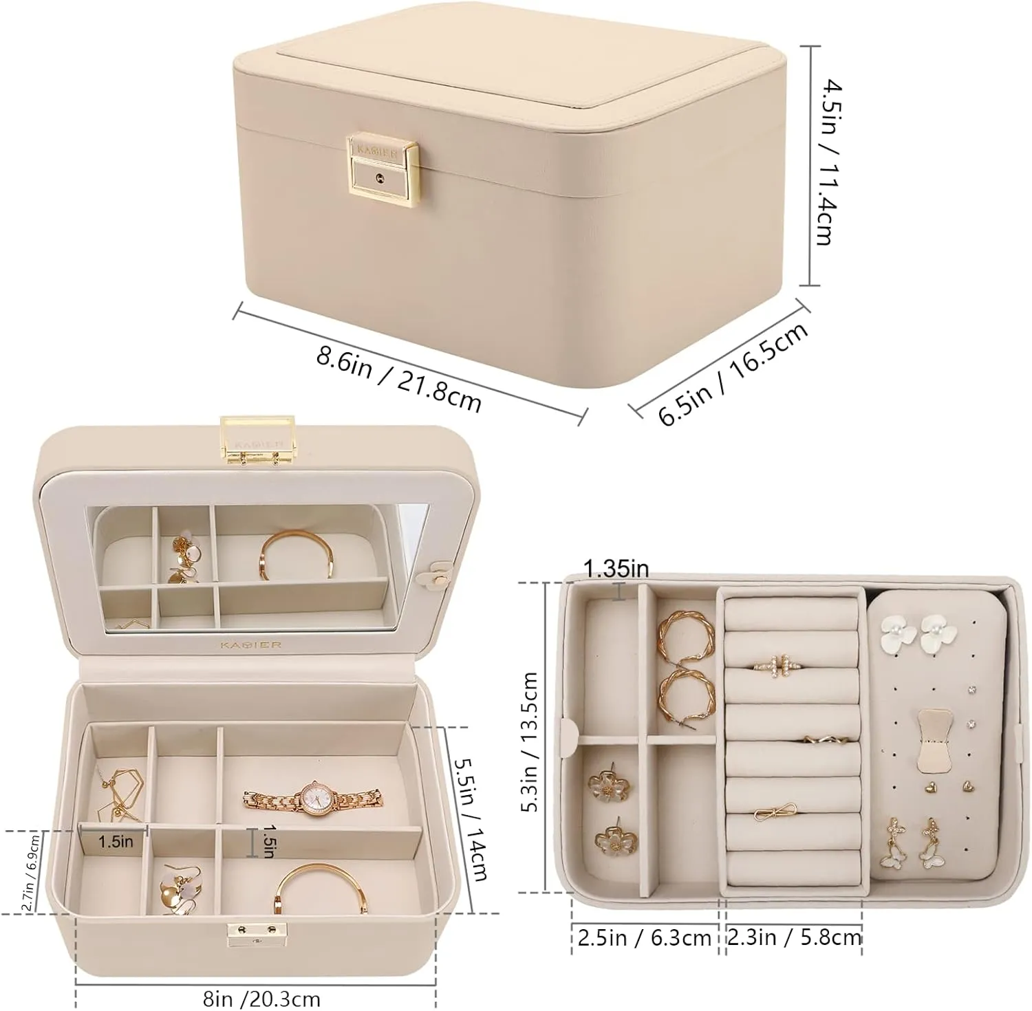 Upgraded Jewelry Box, 2 Layers PU Leather Jewelry Organizer for Women with Lock and Mirror, Hidden Necklace Hook and Removable Divider Large Capacity Travel Jewelry Box Ideal for Gift-With Gift Box