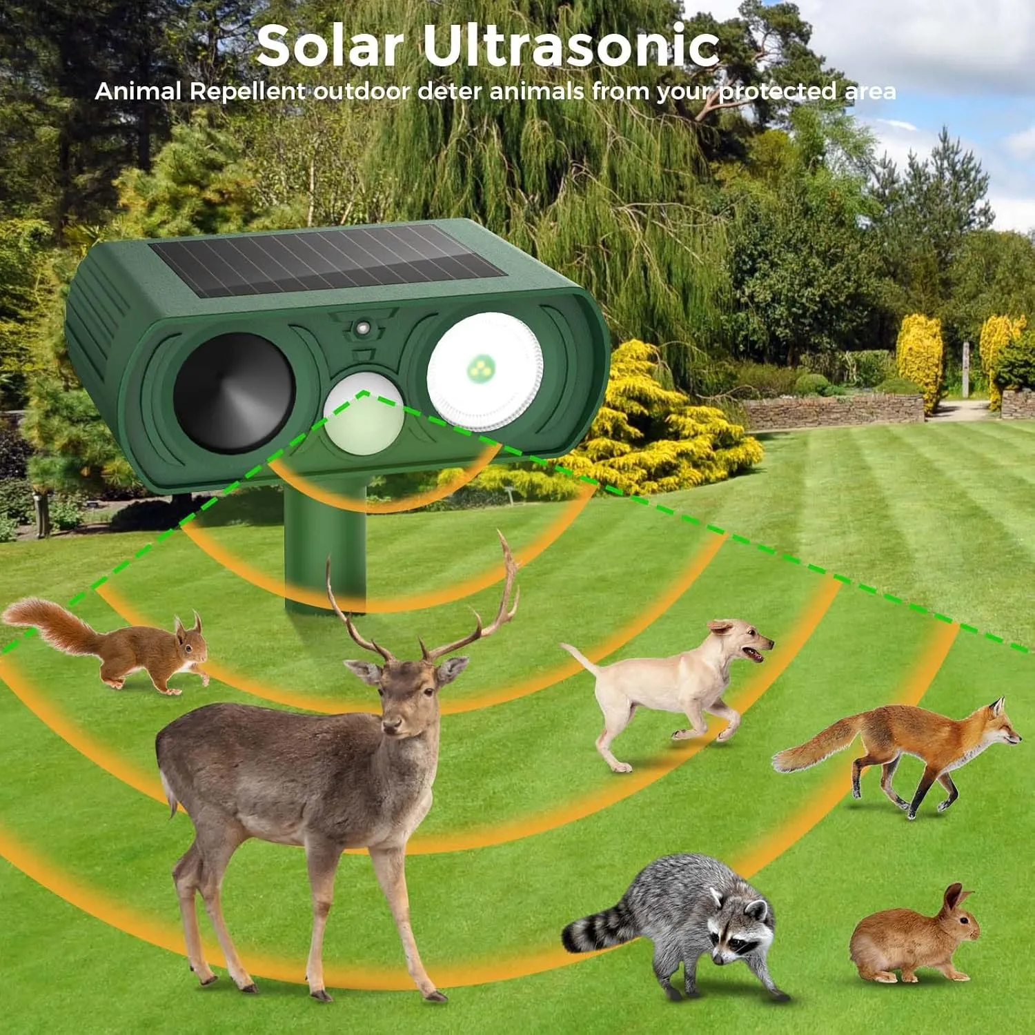 Upgraded Solar Ultrasonic Animal Repellent Outdoor, Deer Repellent Devices Motion Detection, Waterproof Cat Squirrel Mouse Raccoon Dog Repellent Deterrent with LED Flash Lights for Yard Farm Garden