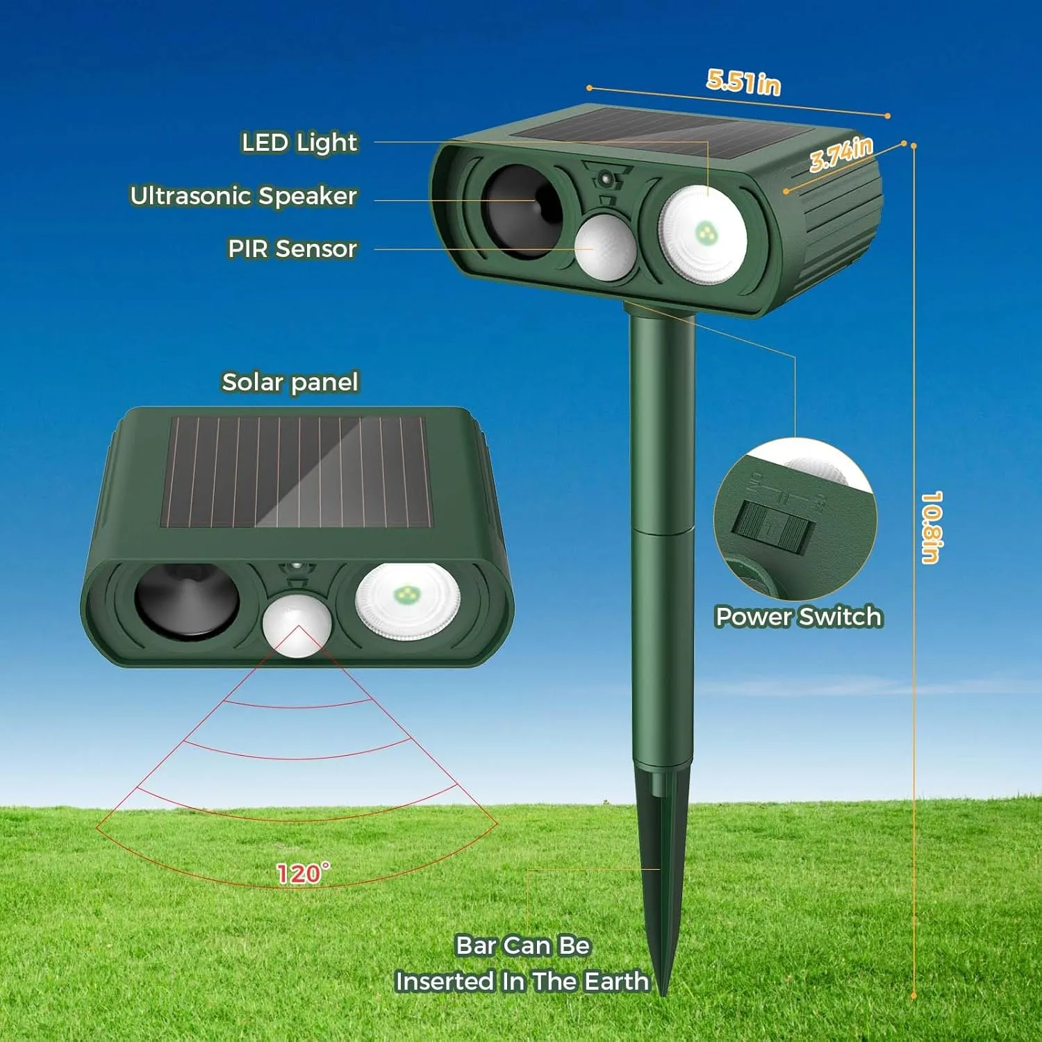 Upgraded Solar Ultrasonic Animal Repellent Outdoor, Deer Repellent Devices Motion Detection, Waterproof Cat Squirrel Mouse Raccoon Dog Repellent Deterrent with LED Flash Lights for Yard Farm Garden