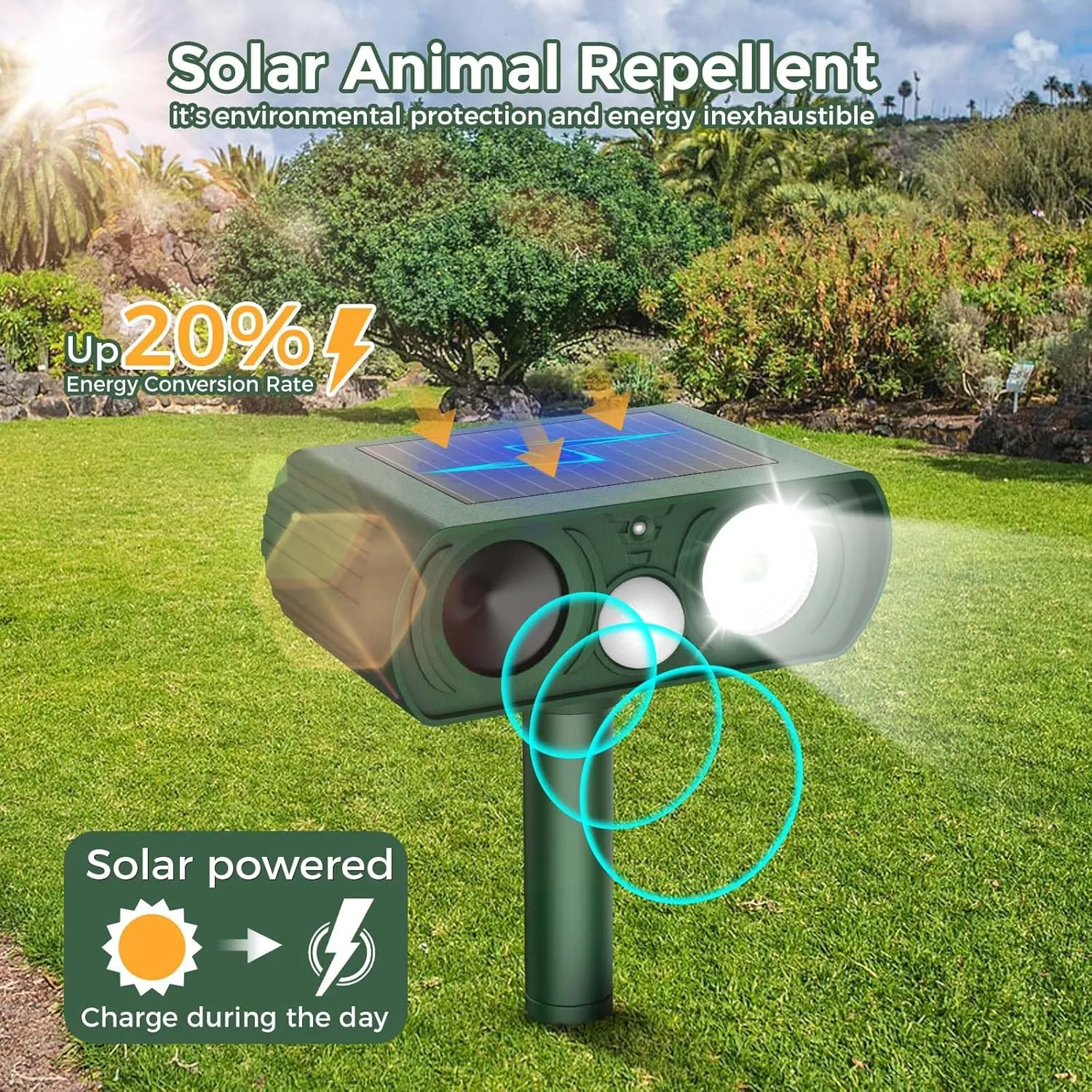 Upgraded Solar Ultrasonic Animal Repellent Outdoor, Deer Repellent Devices Motion Detection, Waterproof Cat Squirrel Mouse Raccoon Dog Repellent Deterrent with LED Flash Lights for Yard Farm Garden