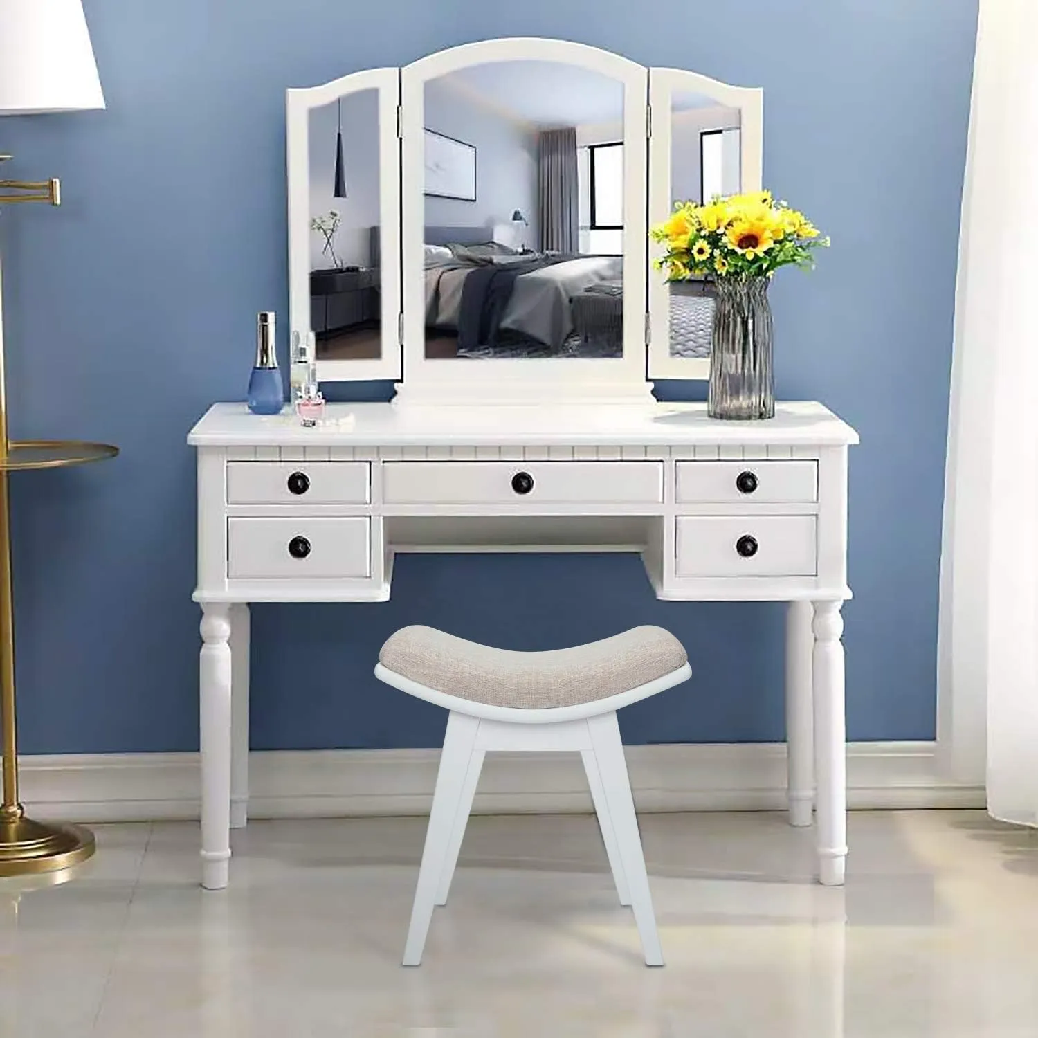 URFORESTIC Vanity Stool, Modern Makeup Dressing Stool with Concave Seat Surface,Capacity 300lb, Easy Assembly (White)