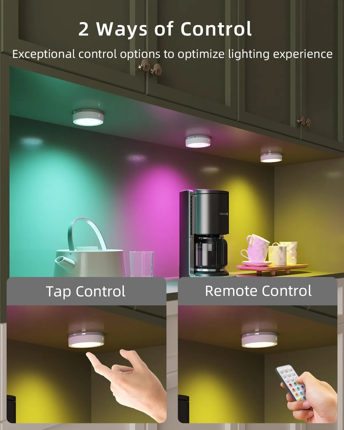 USB Rechargeable Color Changing Puck Lights, 1600mAh Battery Powered Tap Light with Remote Magnetic Push Light Stick On Closet Lighting Wireless LED Shelf Lights RGB Under Cabinet Touch Lamp Classroom