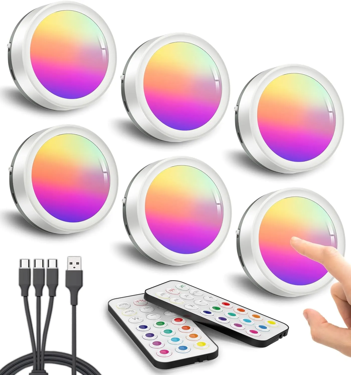 USB Rechargeable Color Changing Puck Lights, 1600mAh Battery Powered Tap Light with Remote Magnetic Push Light Stick On Closet Lighting Wireless LED Shelf Lights RGB Under Cabinet Touch Lamp Classroom