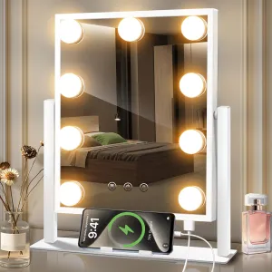 Vanity Mirror with Lights, Lighted Makeup Mirror Hollywood with 9 Dimmable Bulbs 3 Color Lighting Modes, Smart Touch Control 360°Rotation, Phone Holder and USB-Type-C Charge Port for Dresser