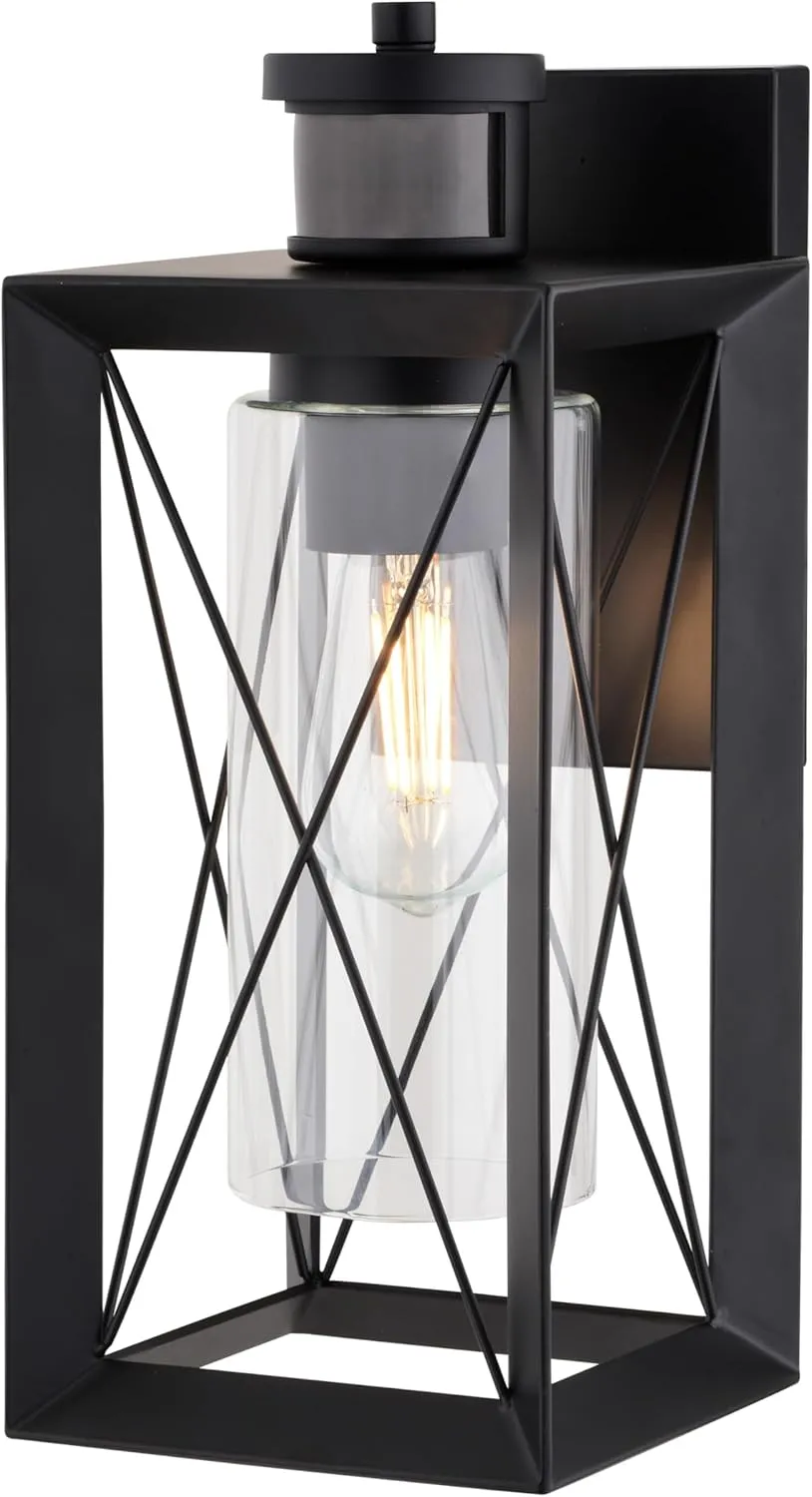 VAXCEL Milton Matte Black Outdoor Wall Light with Motion Sensor, Dusk to Dawn Feature and Clear Glass Shade, Ideal for Front Doors, Patios, or Garage, LED Compatible, 60W E26 Bulb Required
