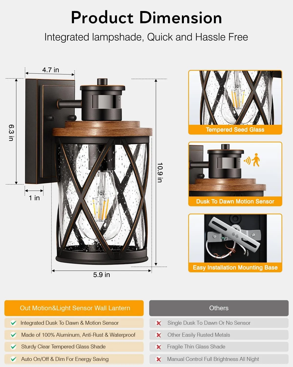 VIANIS Motion Lights for Outside, Outside Lights for House with Motion Sensor, Wood Grain Dusk to Dawn Outdoor Light Fixtures for House,Garage, Entryway, Waterproof, Anti-Rust