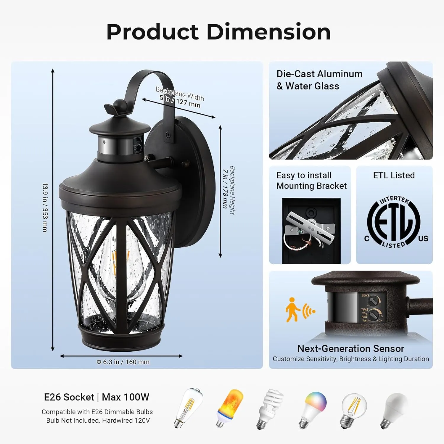 VIANIS Outdoor Motion Sensor Light, Brown Exterior Lighting Fixtures, Oil Rubbed Bronze Outside Lights for House, Waterproof Outdoor Lanterns for Porch, Anti-rust Dusk to Dawn Sensor Wall Mount Sconce