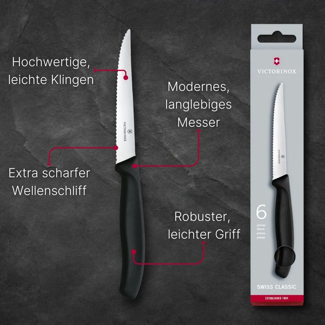 Victorinox 6.7233.6 Swiss Classic Steak Knife Set Ideal for Slicing a Wide Variety of Steak Cuts Serrated Blade in Black, Set of 6
