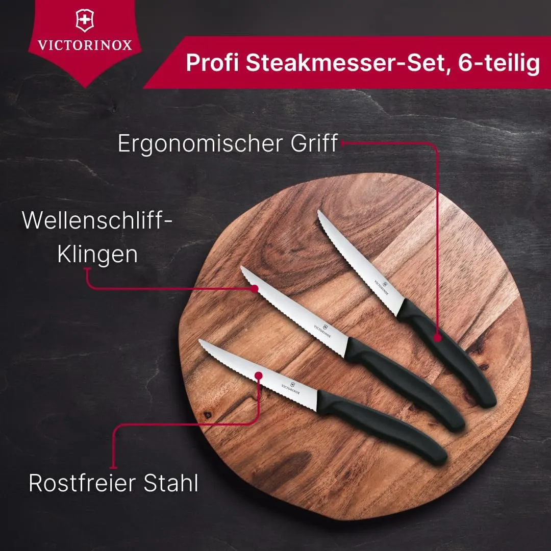 Victorinox 6.7233.6 Swiss Classic Steak Knife Set Ideal for Slicing a Wide Variety of Steak Cuts Serrated Blade in Black, Set of 6