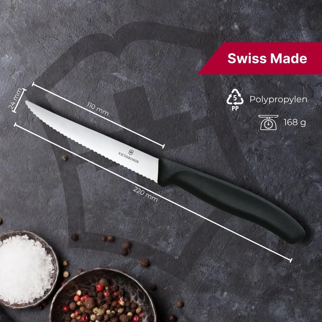 Victorinox 6.7233.6 Swiss Classic Steak Knife Set Ideal for Slicing a Wide Variety of Steak Cuts Serrated Blade in Black, Set of 6