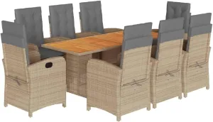 vidaXL 9-Piece Outdoor Patio Dining Set - Gray/Navy Poly Rattan with Foldable Chairs, Cushions, Acacia Tabletop for Garden/Deck