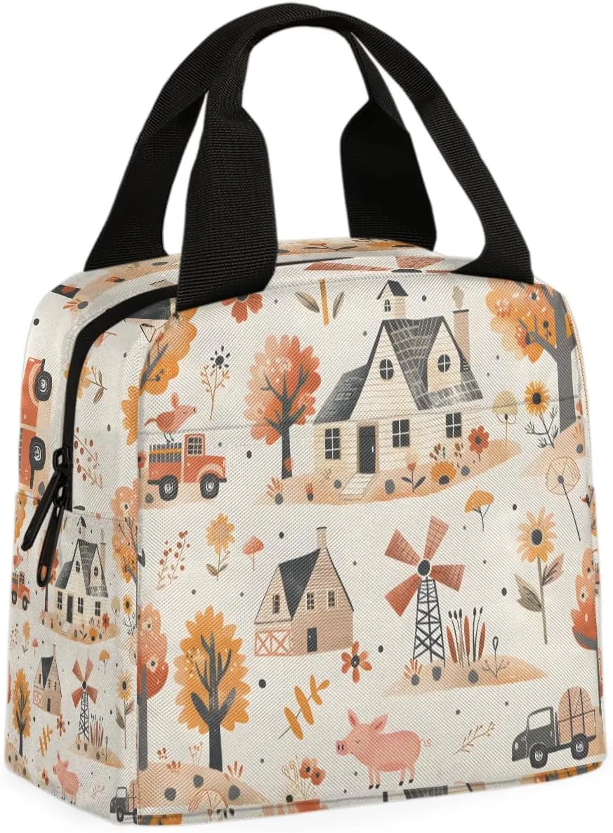 Village Windmill Lunch Bag Village Scenery Tote Lunch Bag Reusable Lunch Box Leakproof Cooler Bag