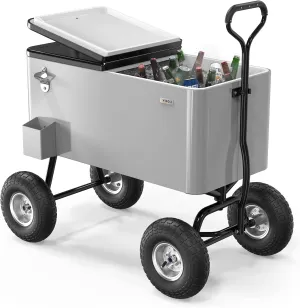 VINGLI 80 Quart Wagon Rolling Cooler Ice Chest, w/Long Handle and 10" Wheels, Portable Beach Patio Party Bar Cold Drink Beverage, Outdoor Park Cart on Wheels