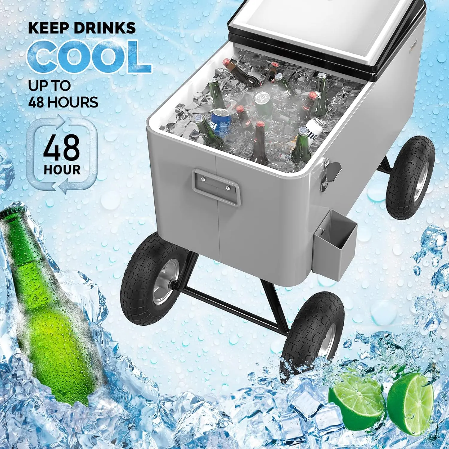 VINGLI 80 Quart Wagon Rolling Cooler Ice Chest, w/Long Handle and 10" Wheels, Portable Beach Patio Party Bar Cold Drink Beverage, Outdoor Park Cart on Wheels