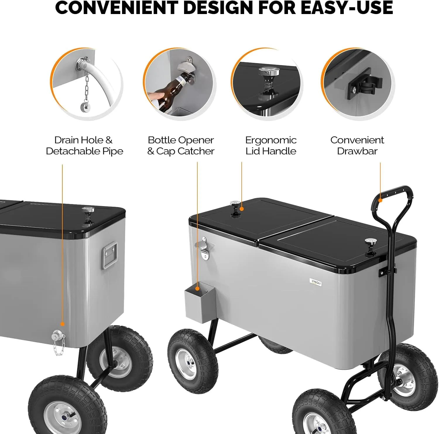 VINGLI 80 Quart Wagon Rolling Cooler Ice Chest, w/Long Handle and 10" Wheels, Portable Beach Patio Party Bar Cold Drink Beverage, Outdoor Park Cart on Wheels