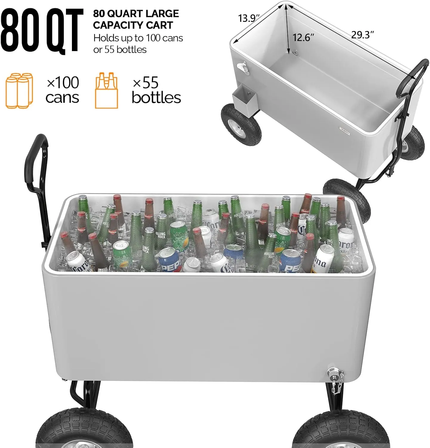 VINGLI 80 Quart Wagon Rolling Cooler Ice Chest, w/Long Handle and 10" Wheels, Portable Beach Patio Party Bar Cold Drink Beverage, Outdoor Park Cart on Wheels