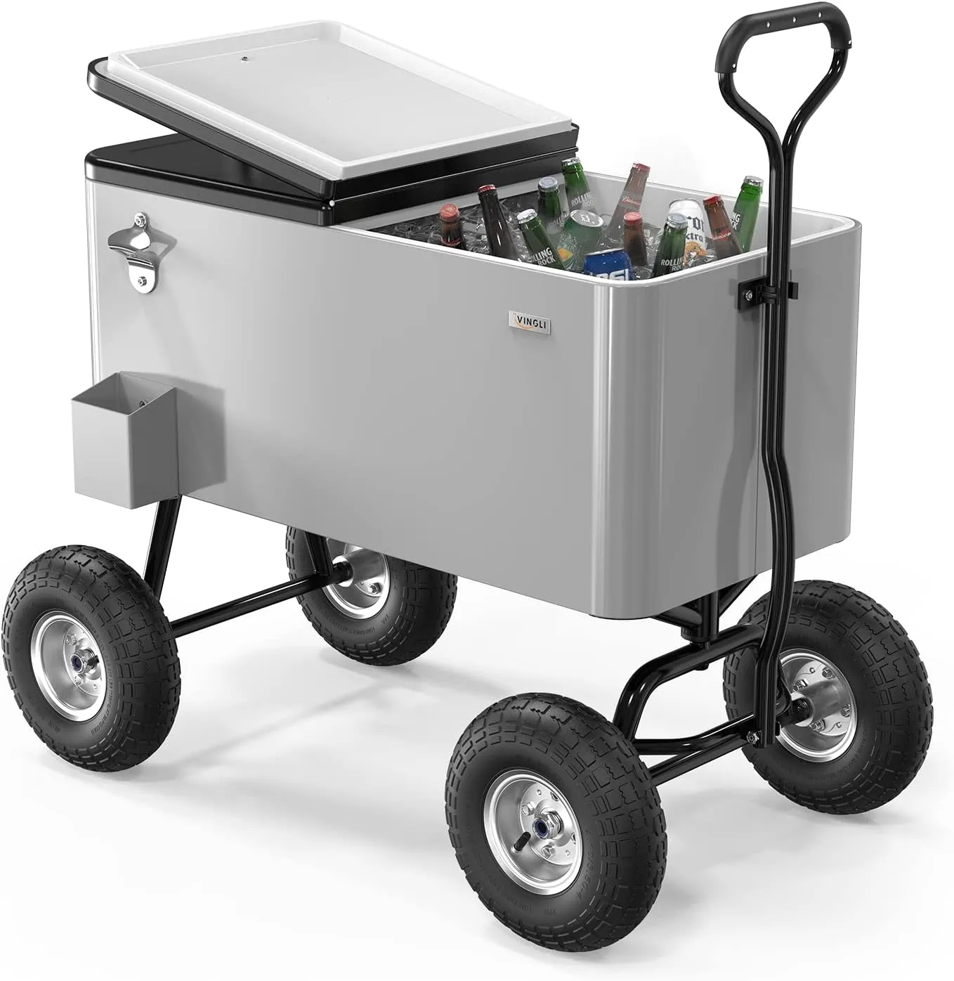 VINGLI 80 Quart Wagon Rolling Cooler Ice Chest, w/Long Handle and 10" Wheels, Portable Beach Patio Party Bar Cold Drink Beverage, Outdoor Park Cart on Wheels