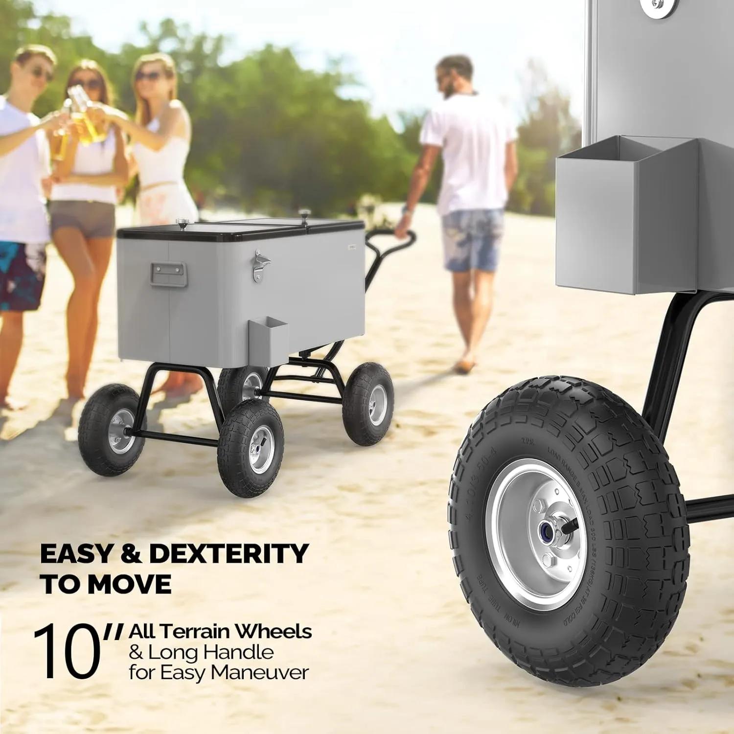 VINGLI 80 Quart Wagon Rolling Cooler Ice Chest, w/Long Handle and 10" Wheels, Portable Beach Patio Party Bar Cold Drink Beverage, Outdoor Park Cart on Wheels
