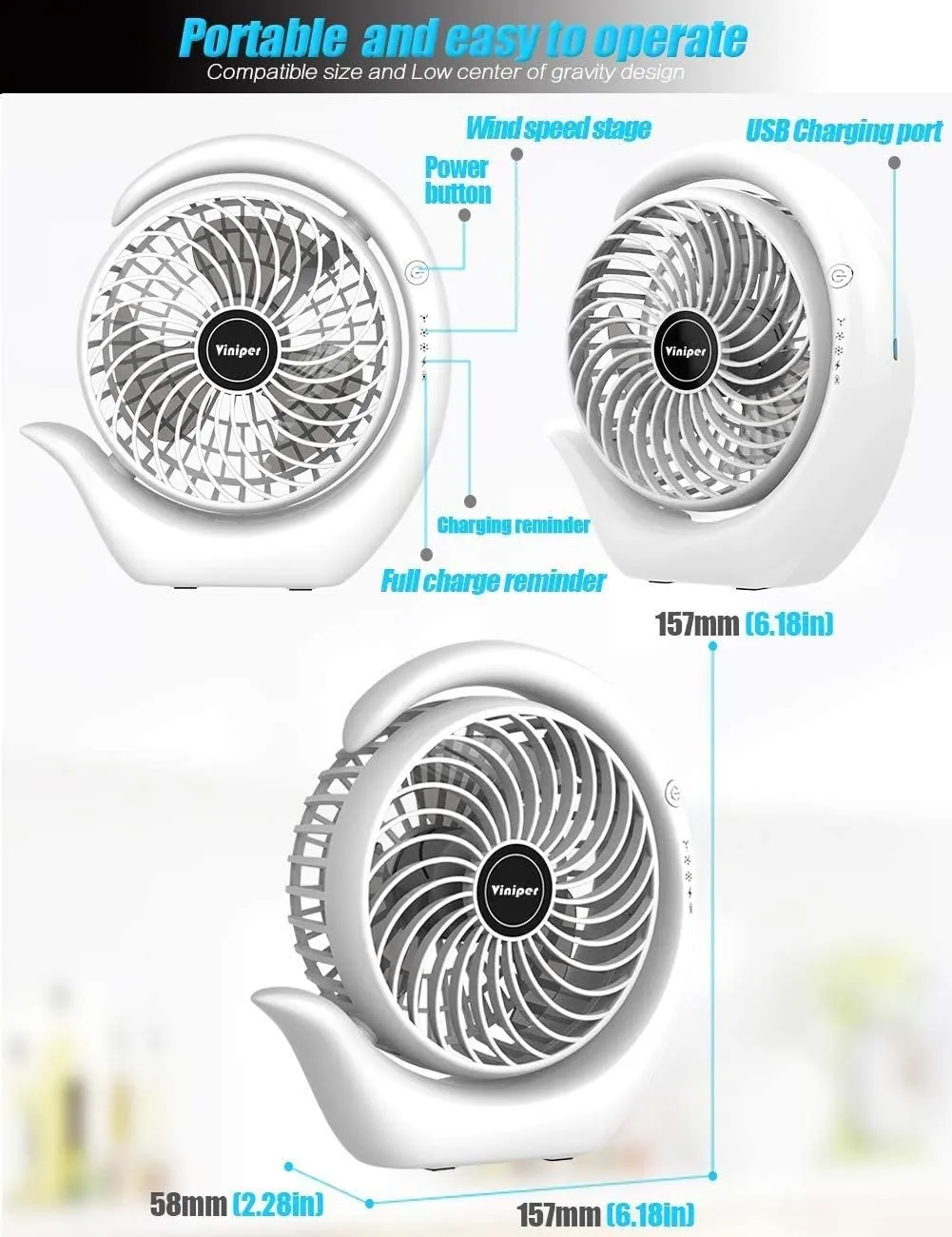 Viniper Portable Rechargeable Fan, Small Desk Fan : 3 Speeds & about 8-24 Hours Longer Working, 180 Rotation, Portable Desktop Fan Small but Mighty, Strong Wind (Blue, Light Black Blade) 6.2 INCH