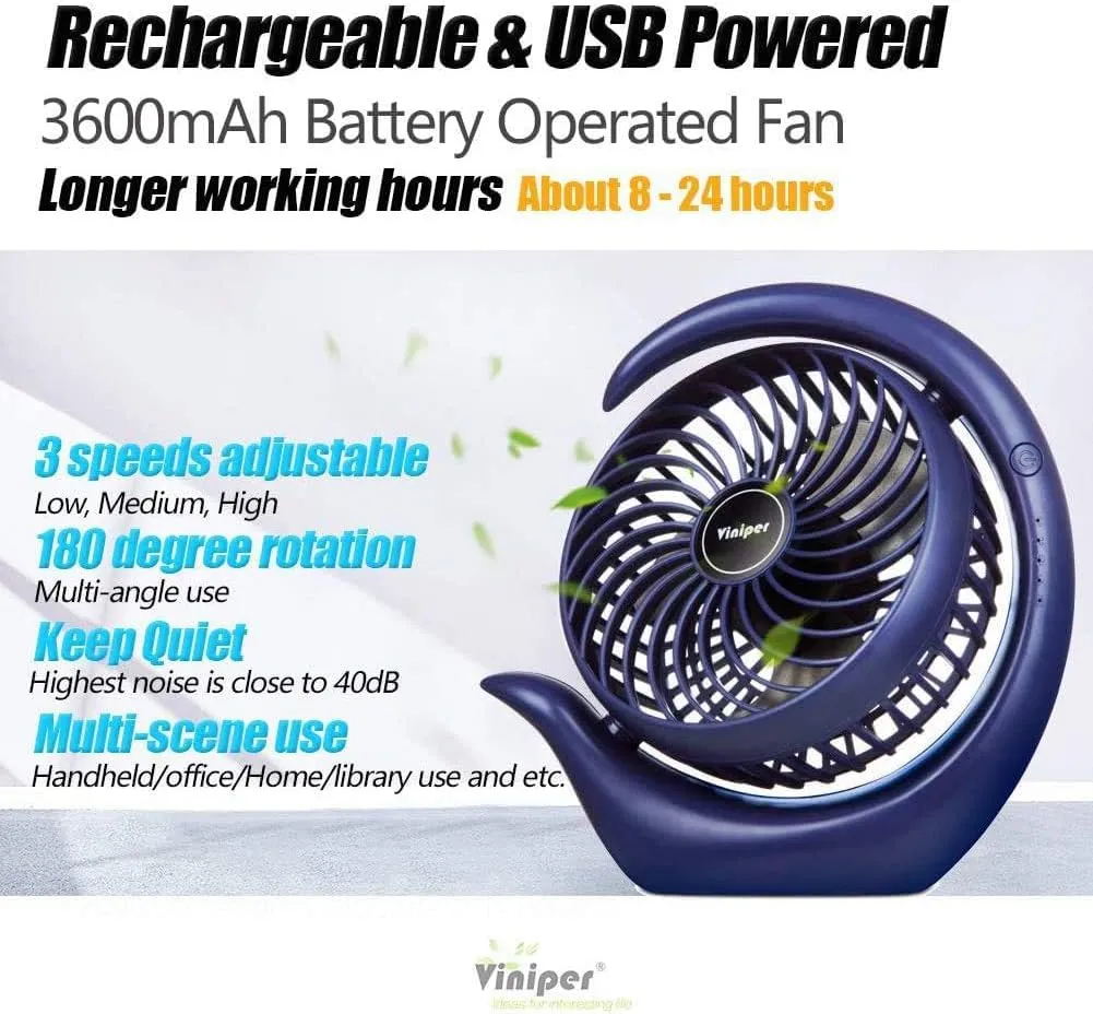 Viniper Portable Rechargeable Fan, Small Desk Fan : 3 Speeds & about 8-24 Hours Longer Working, 180 Rotation, Portable Desktop Fan Small but Mighty, Strong Wind (Blue, Light Black Blade) 6.2 INCH