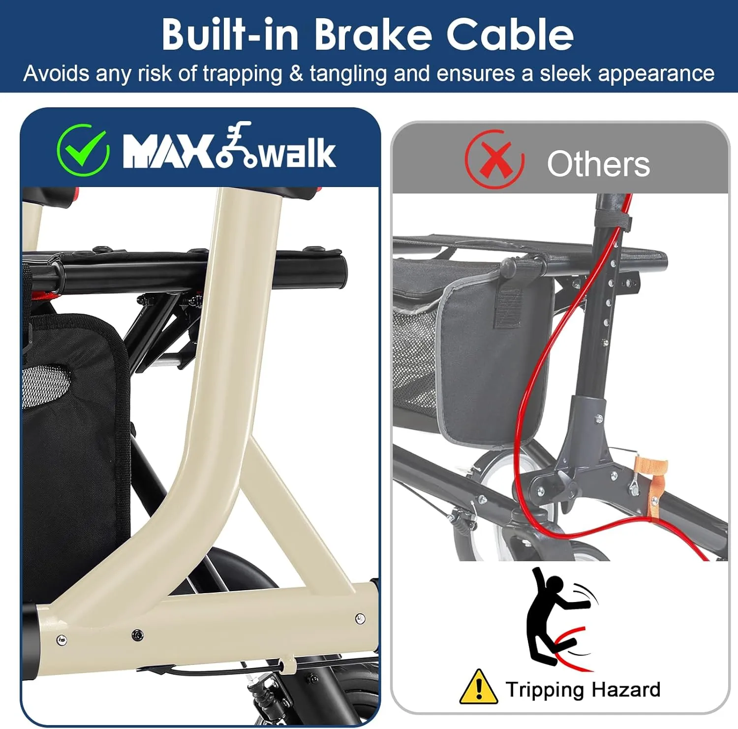 Walkers for Seniors, Rollator Walker with Seat, 10" Rubber Wheels All Terrain Rollator Walker with Backrest, Aluminum Walkers Built-in Cable, Foldable and Adjustable Height for Seniors, Beige