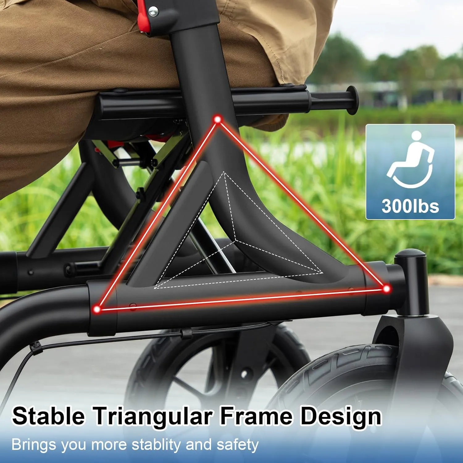Walkers for Seniors, Rollator Walker with Seat, 12" Big Rubber Wheels All Terrain Rollator Walker with Backrest, Built-in Cable, Cup Holder, Foldable and Height Adjustment for Seniors, Black