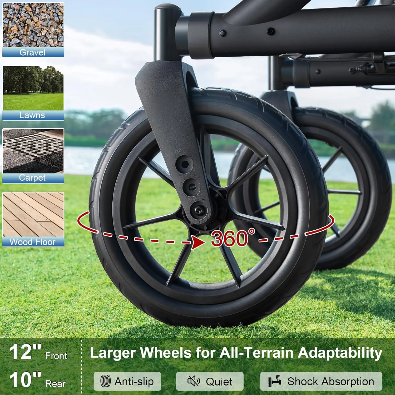 Walkers for Seniors, Rollator Walker with Seat, 12" Big Rubber Wheels All Terrain Rollator Walker with Backrest, Built-in Cable, Cup Holder, Foldable and Height Adjustment for Seniors, Black