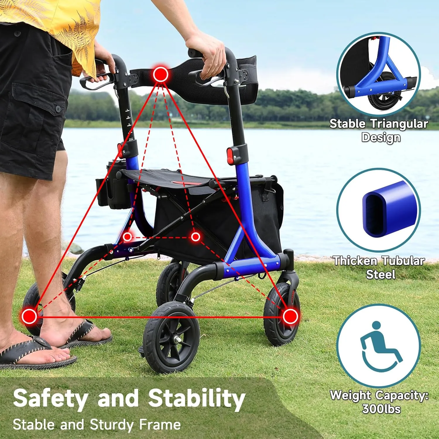 Walkers for Seniors, Rollator Walker with Seat, 8" Rubber Wheels All Terrain Rollator Walker with Backrest, Aluminum Walkers Built-in Cable, Foldable and Adjustable Height for Seniors, Blue