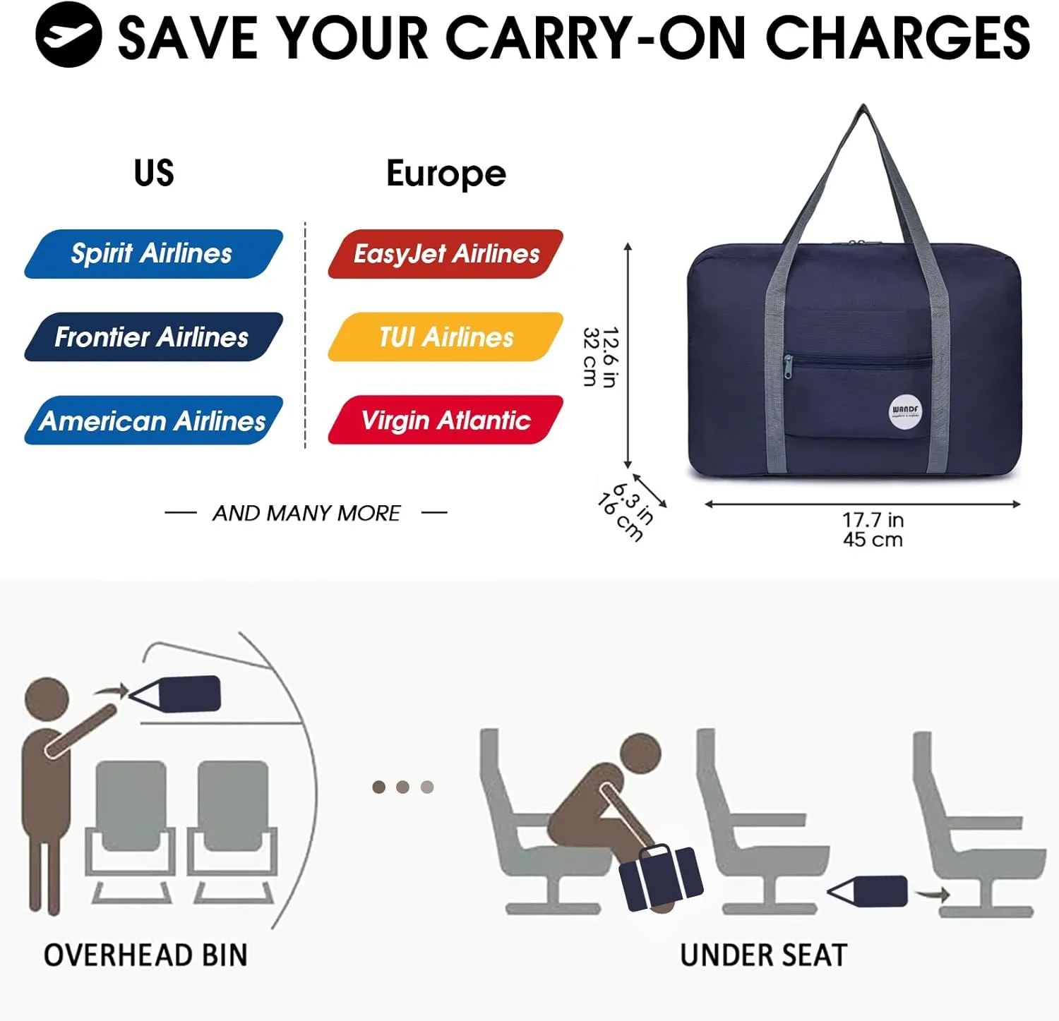 WANDF For Spirit Airlines Personal Item Bag 18x14x8 Travel Duffel Bag Underseat Foldable Carry-on Luggage for Women