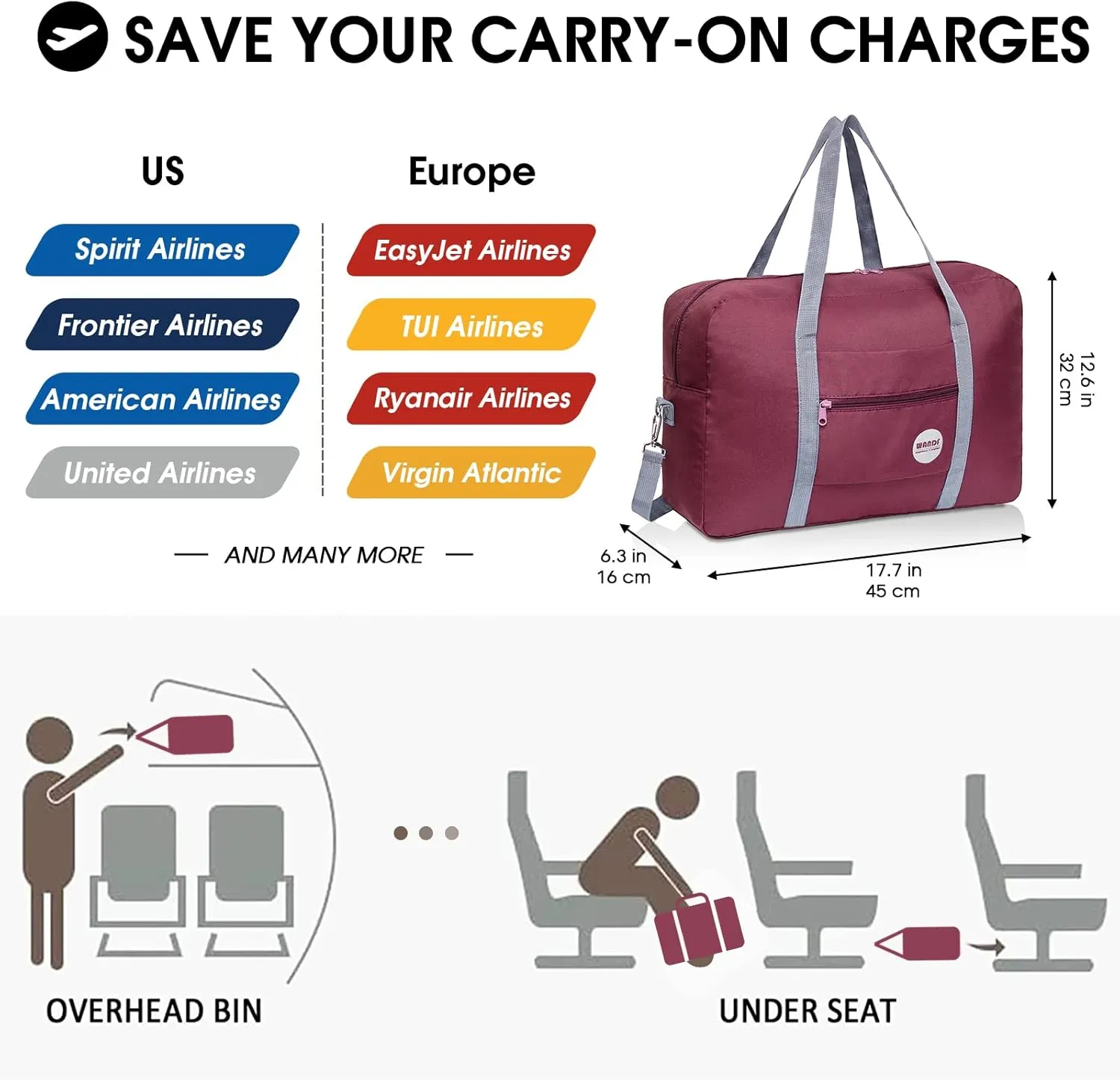 WANDF For Spirit Airlines Personal Item Bag 18x14x8 Travel Duffel Bag Underseat Foldable Carry-on Luggage for Women