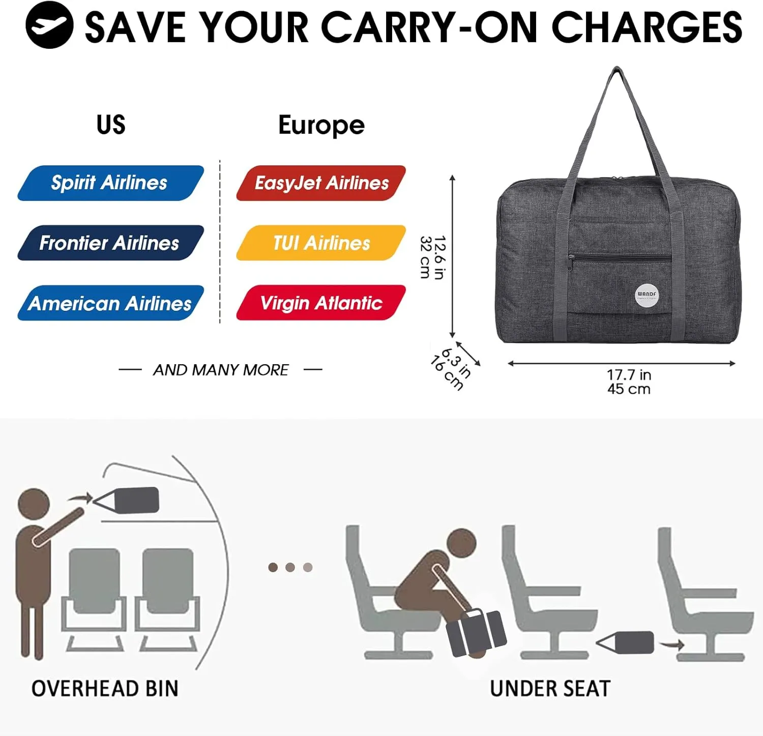 WANDF For Spirit Airlines Personal Item Bag 18x14x8 Travel Duffel Bag Underseat Foldable Carry-on Luggage for Women
