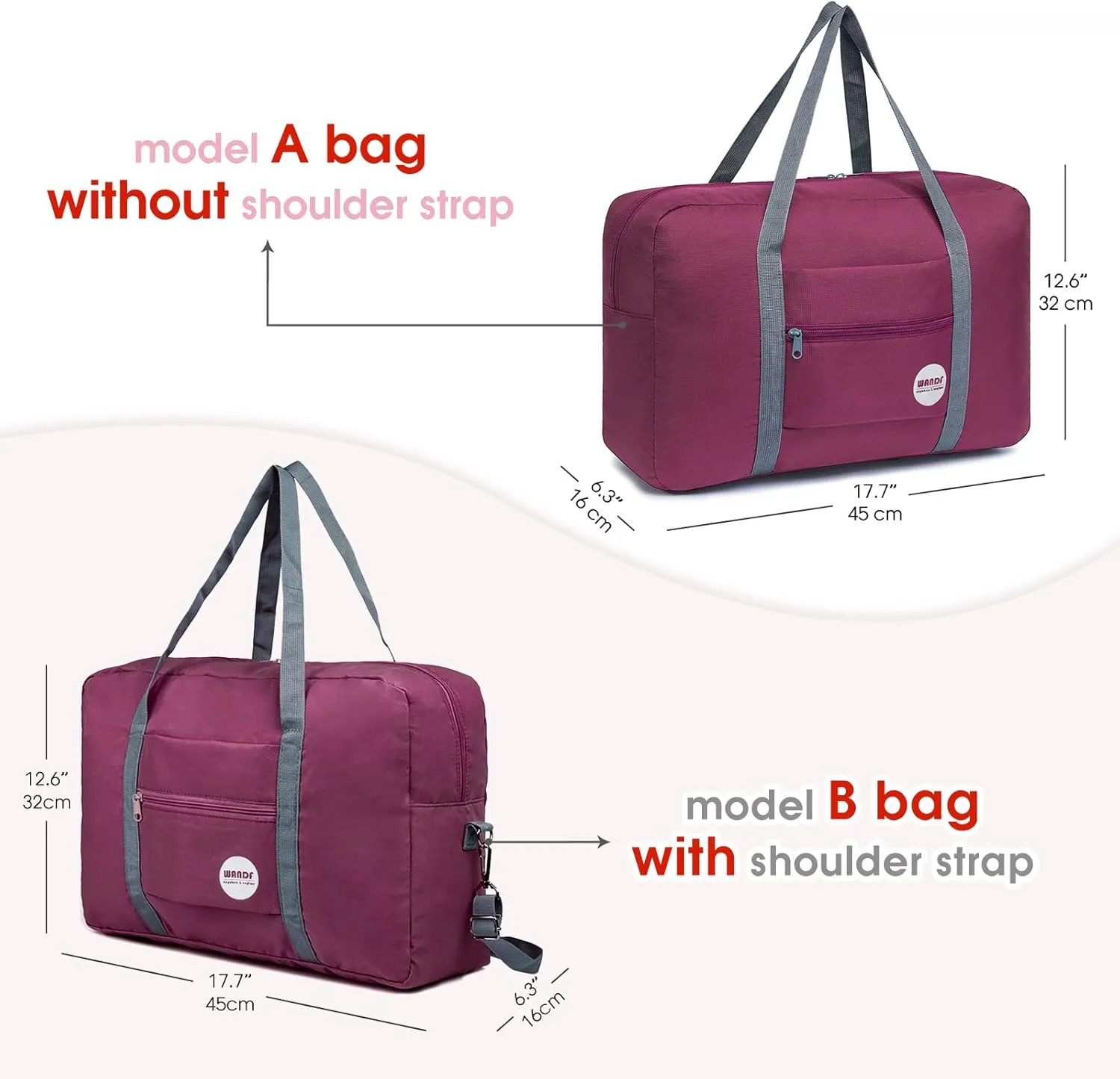 WANDF For Spirit Airlines Personal Item Bag 18x14x8 Travel Duffel Bag Underseat Foldable Carry-on Luggage for Women