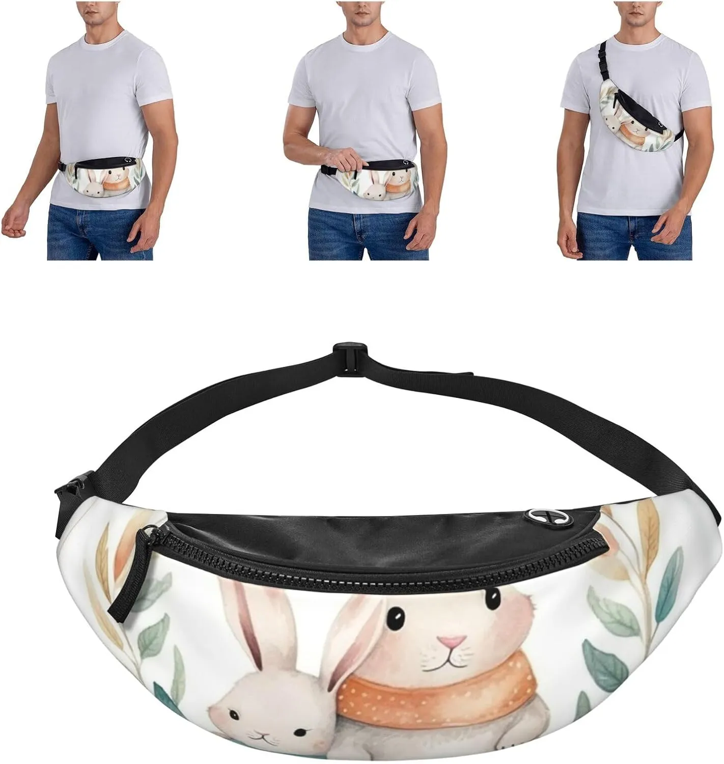Watercolor Cartoon Bunnies with Leaves Fanny Pack for Man Women Waist Bag Adjustable Belt Casual Chest Bag Bum Bags for Travel Sports Running Hiking Waist Packs