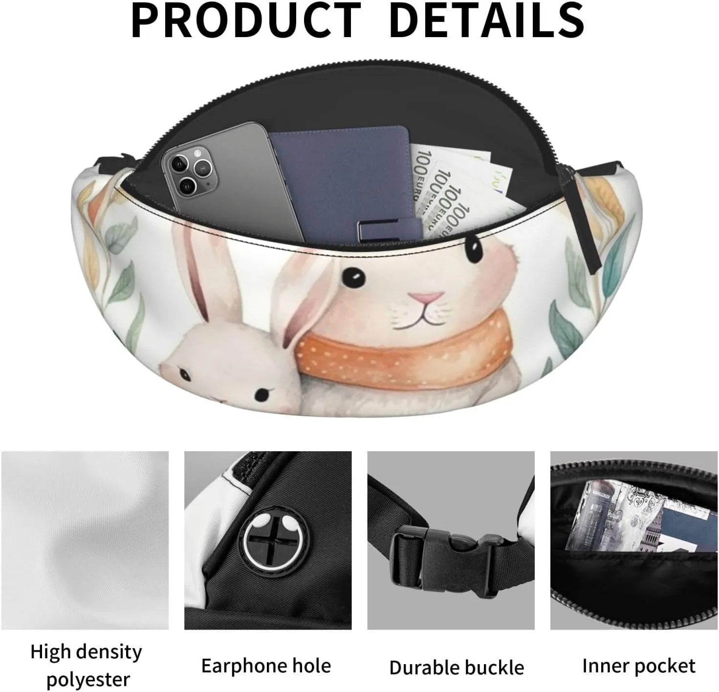 Watercolor Cartoon Bunnies with Leaves Fanny Pack for Man Women Waist Bag Adjustable Belt Casual Chest Bag Bum Bags for Travel Sports Running Hiking Waist Packs