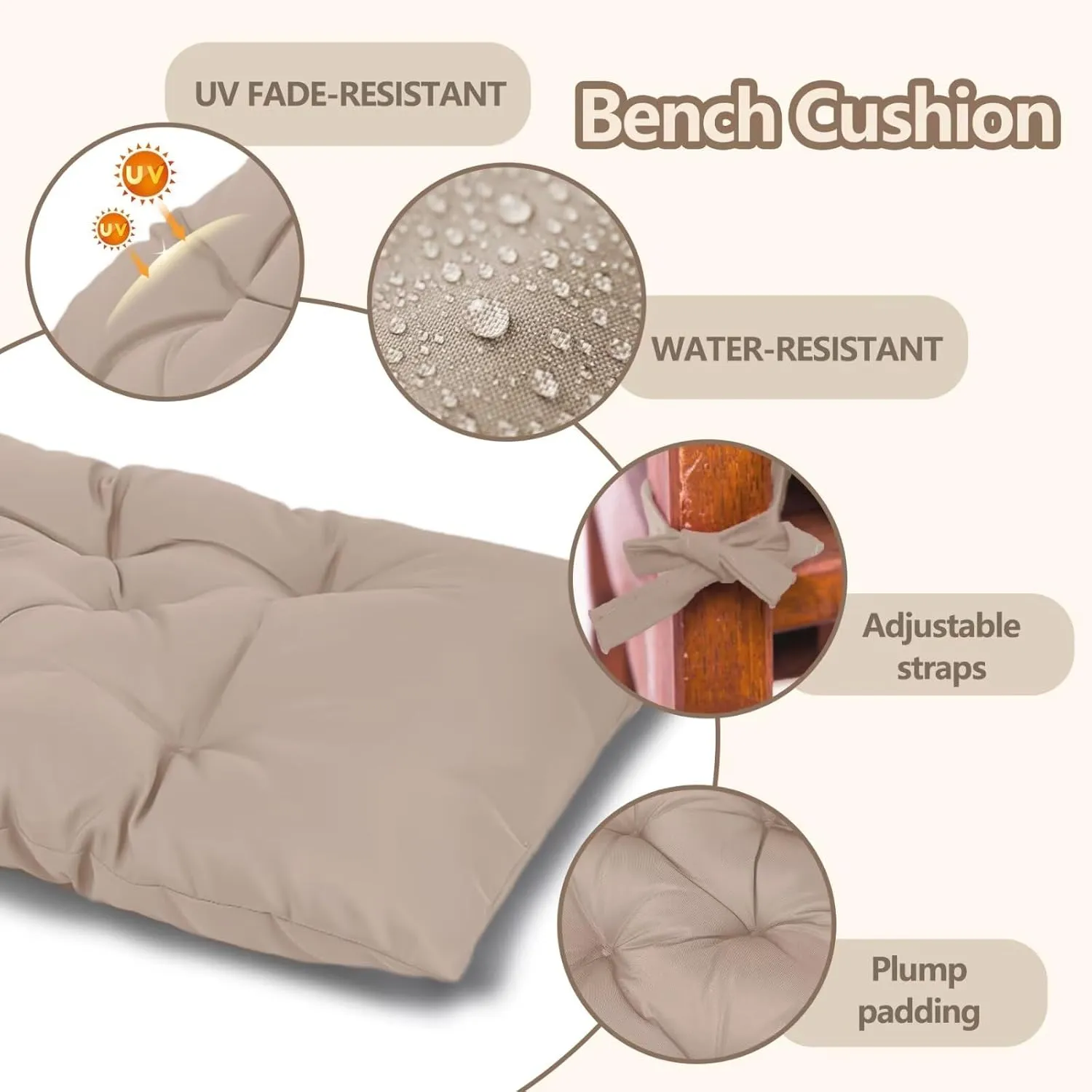 Waterproof Indoor/Outdoor Garden Bench Seat Cushions，Thicken Patio Bench Soft Rocking Chairs Pad Lounger Seat for Wicker Loveseat Settee（39.3 X 19.6 X 3.9 inch Khaki）