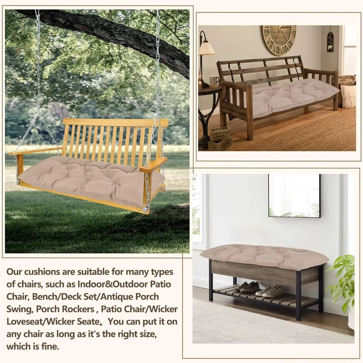 Waterproof Indoor/Outdoor Garden Bench Seat Cushions，Thicken Patio Bench Soft Rocking Chairs Pad Lounger Seat for Wicker Loveseat Settee（39.3 X 19.6 X 3.9 inch Khaki）
