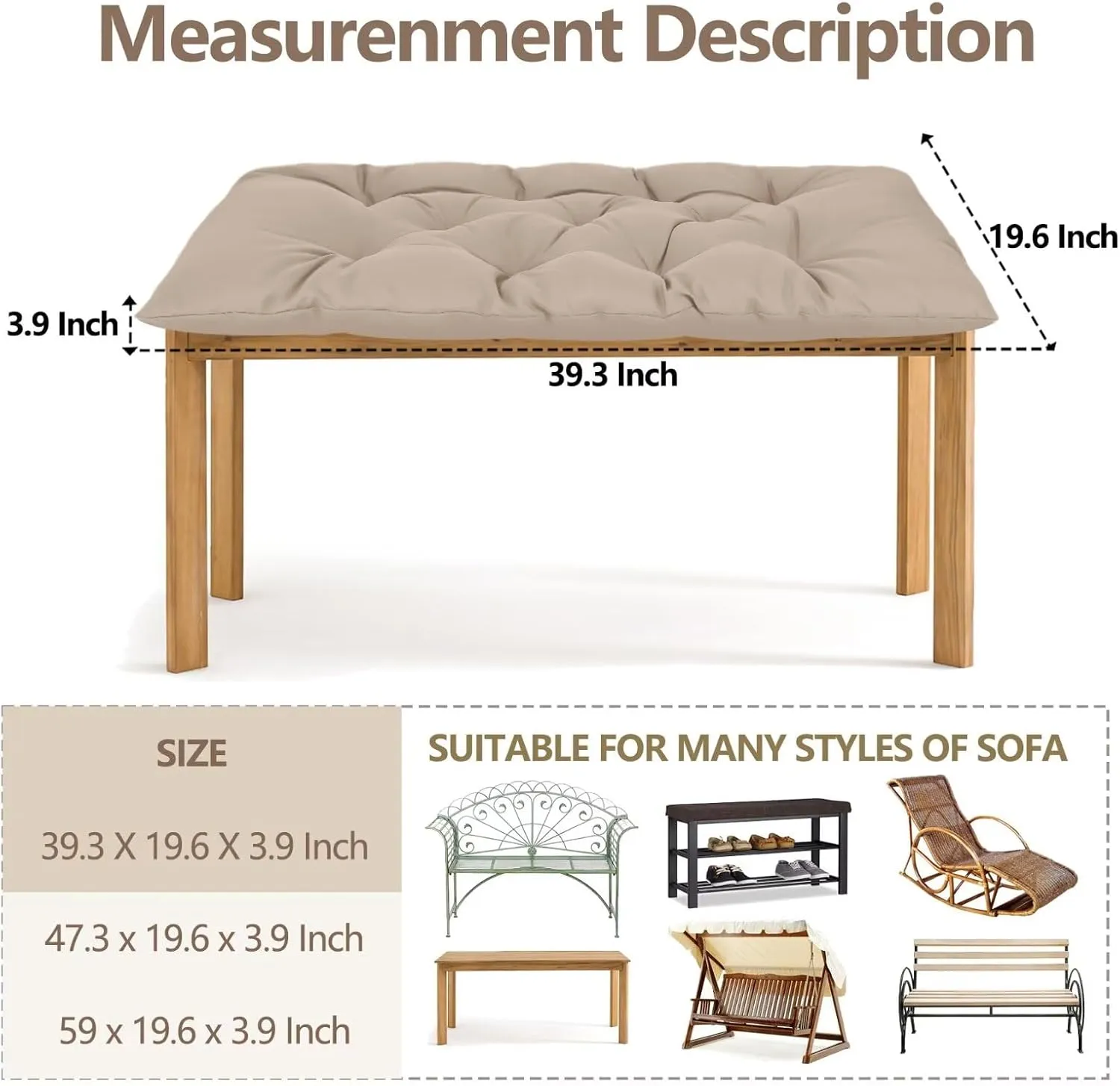 Waterproof Indoor/Outdoor Garden Bench Seat Cushions，Thicken Patio Bench Soft Rocking Chairs Pad Lounger Seat for Wicker Loveseat Settee（39.3 X 19.6 X 3.9 inch Khaki）