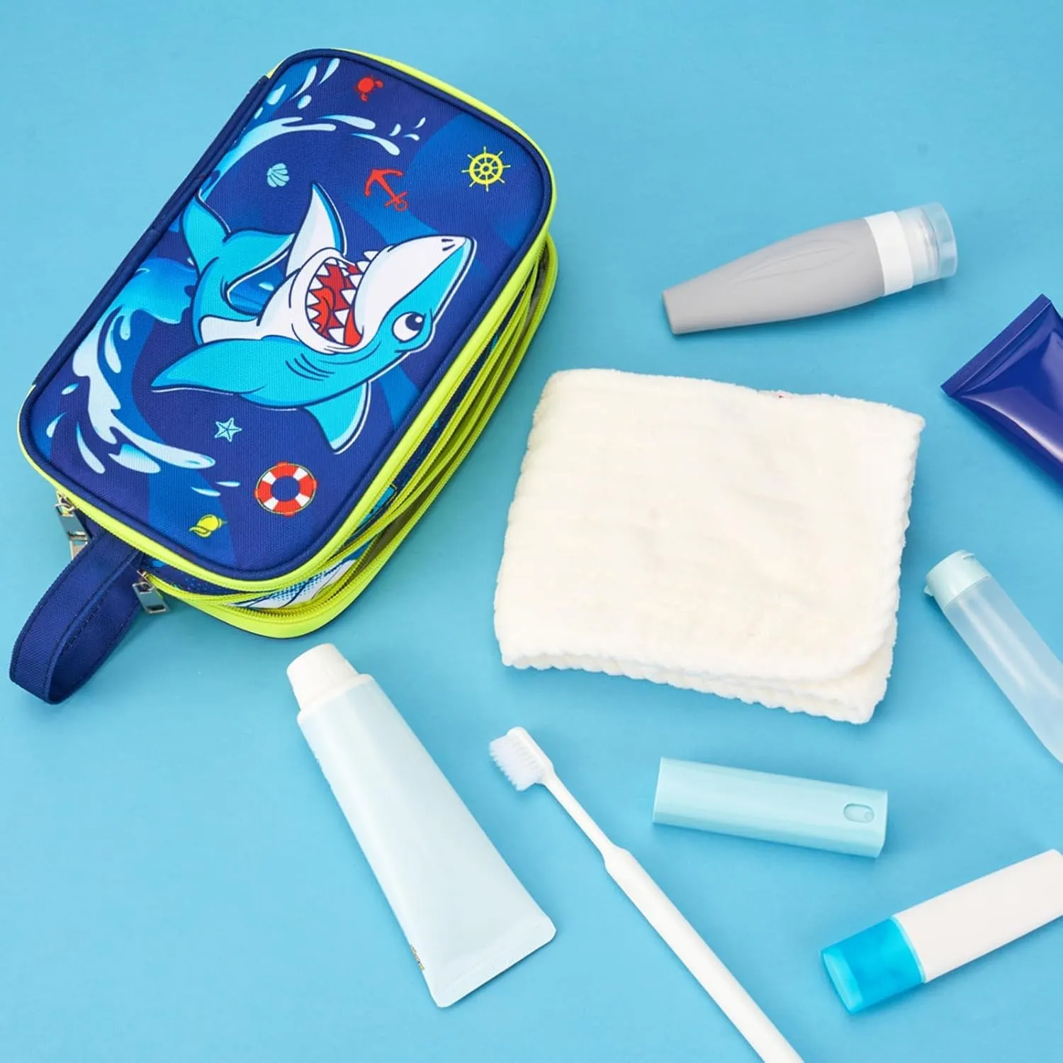 WAWSAM Shark Toiletry Bag - Kids Toiletry Bag for Boys Christmas Birthday Gift Camping Travel Toiletry Case Toiletries Makeup Cosmetic Pouch Pink Water-resistant Wash Bag Dopp Kit with Mesh Pocket