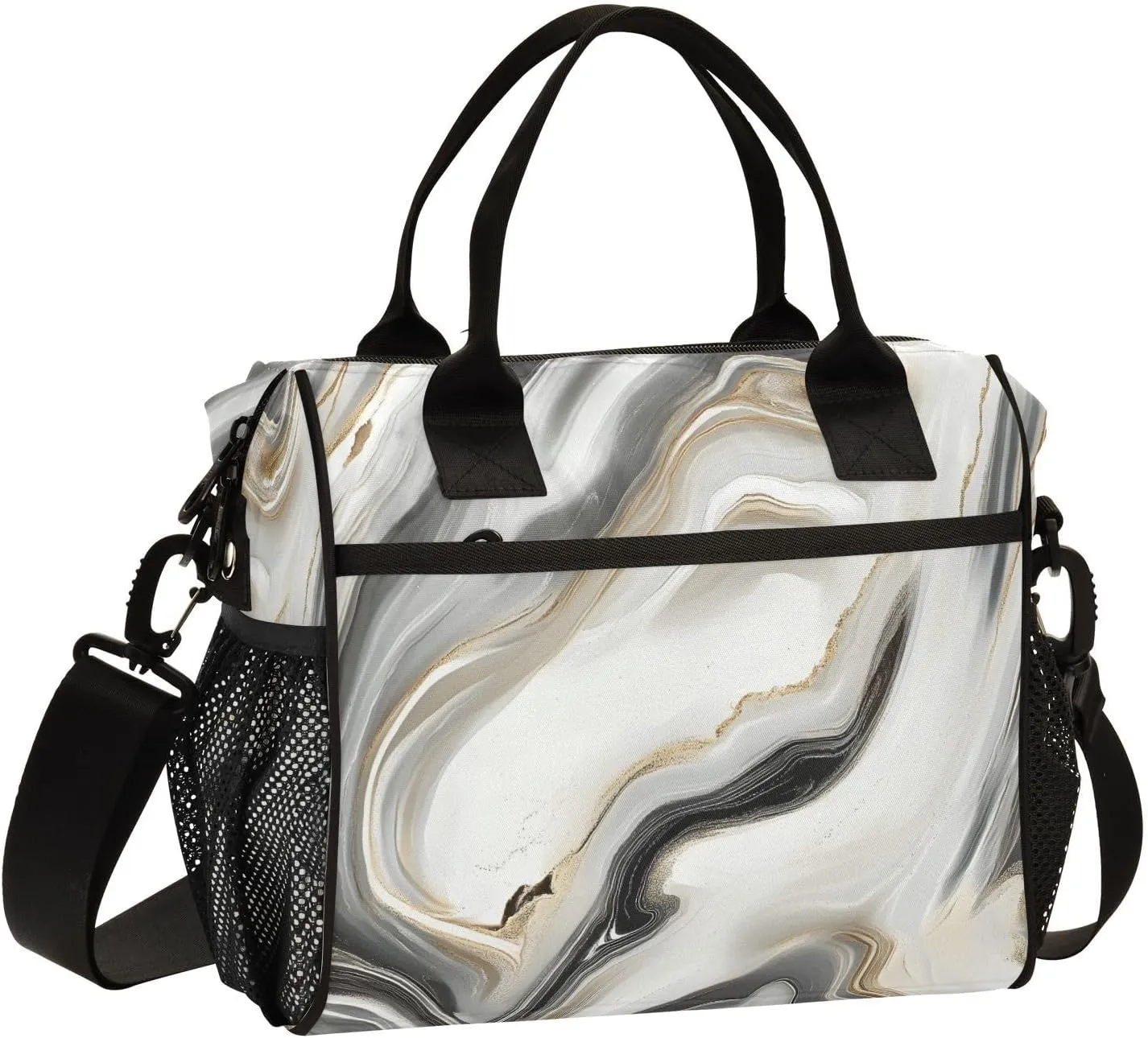 White Black Marble with Hints Of Gold Pattern Small Lunch Box for Men Women Adults Insulated Lunch Bag Cooler Bag with Adjustable Shoulder Strap for Work Picnic Travel