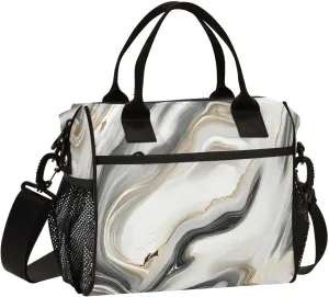 White Black Marble with Hints Of Gold Pattern Small Lunch Box for Men Women Adults Insulated Lunch Bag Cooler Bag with Adjustable Shoulder Strap for Work Picnic Travel