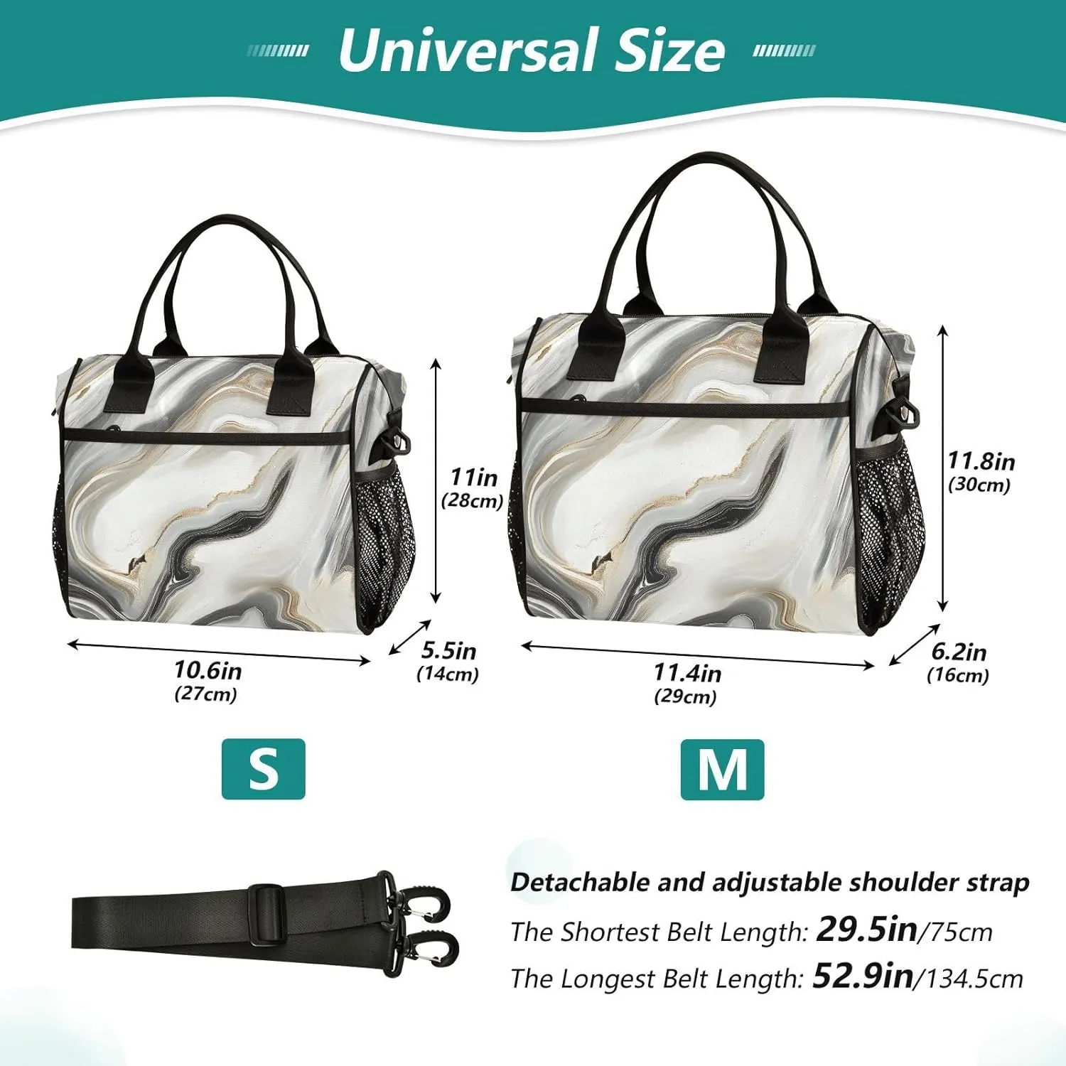 White Black Marble with Hints Of Gold Pattern Small Lunch Box for Men Women Adults Insulated Lunch Bag Cooler Bag with Adjustable Shoulder Strap for Work Picnic Travel