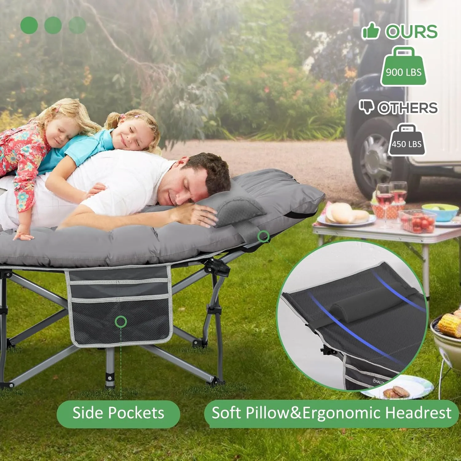Wide Folding Camping Cots with Pillow & Extra Thick Matress, Cots for Sleeping 900 LBS, Camping Bed for Adults with Cushion, Sleeping Cot (Grey)