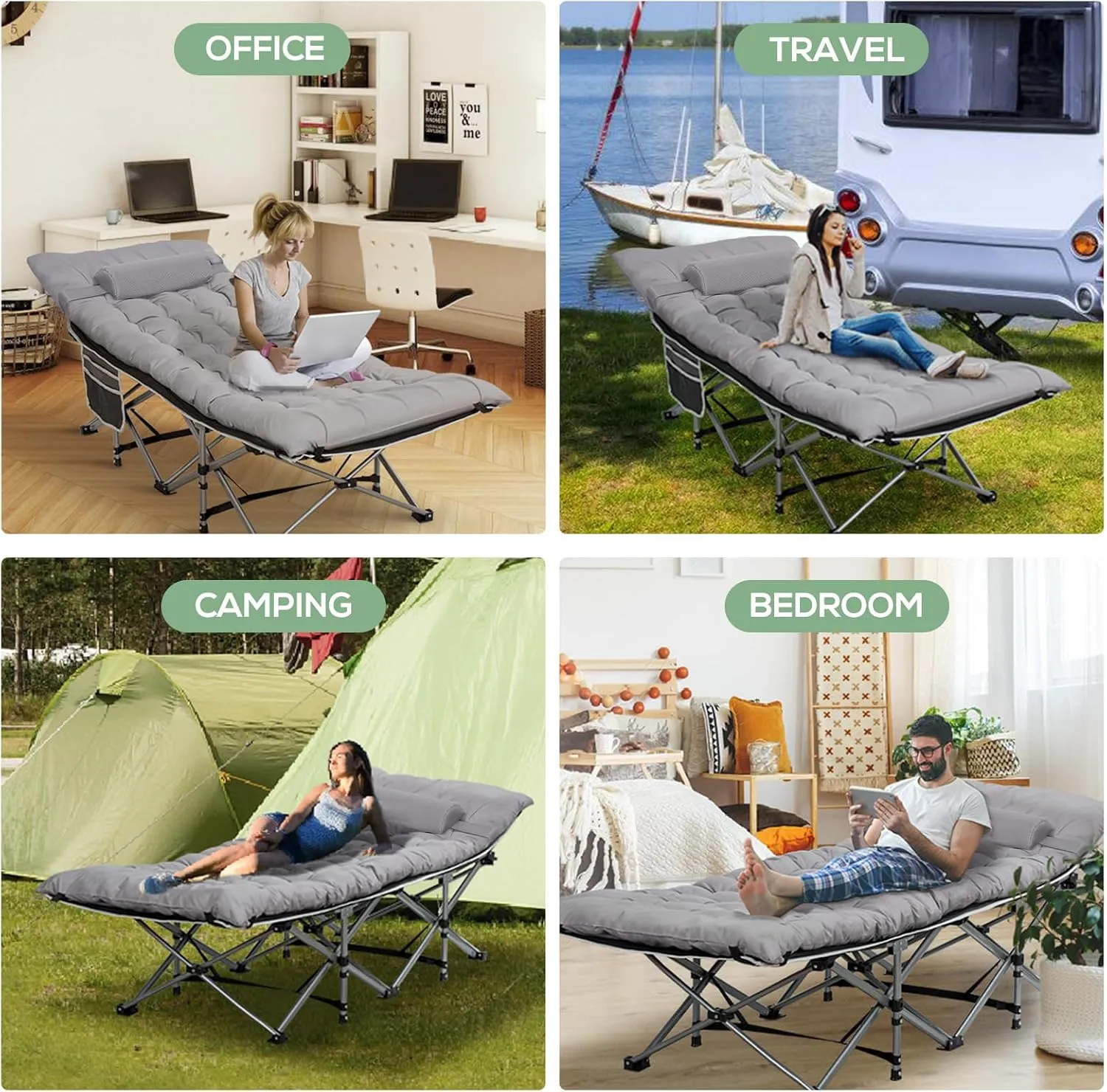 Wide Folding Camping Cots with Pillow & Extra Thick Matress, Cots for Sleeping 900 LBS, Camping Bed for Adults with Cushion, Sleeping Cot (Grey)