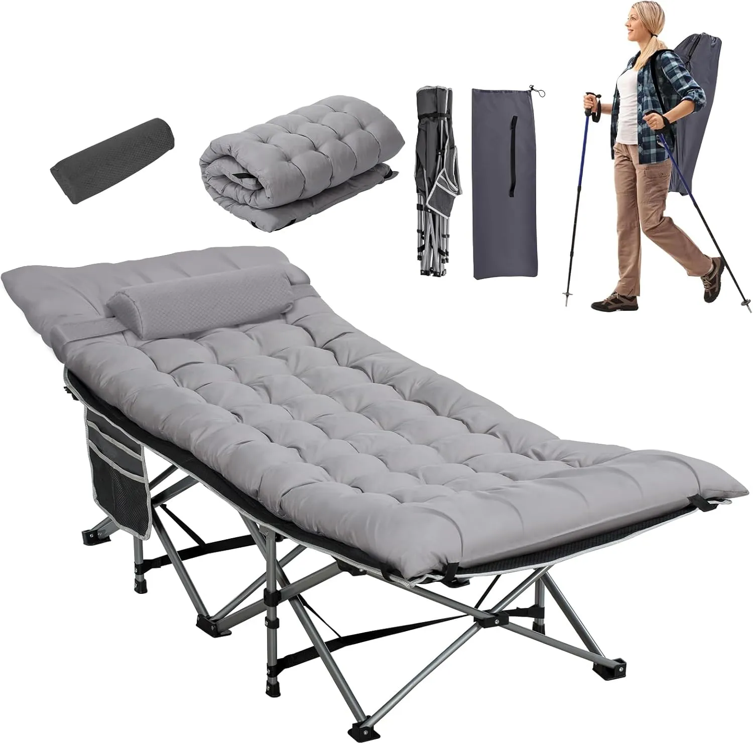 Wide Folding Camping Cots with Pillow & Extra Thick Matress, Cots for Sleeping 900 LBS, Camping Bed for Adults with Cushion, Sleeping Cot (Grey)